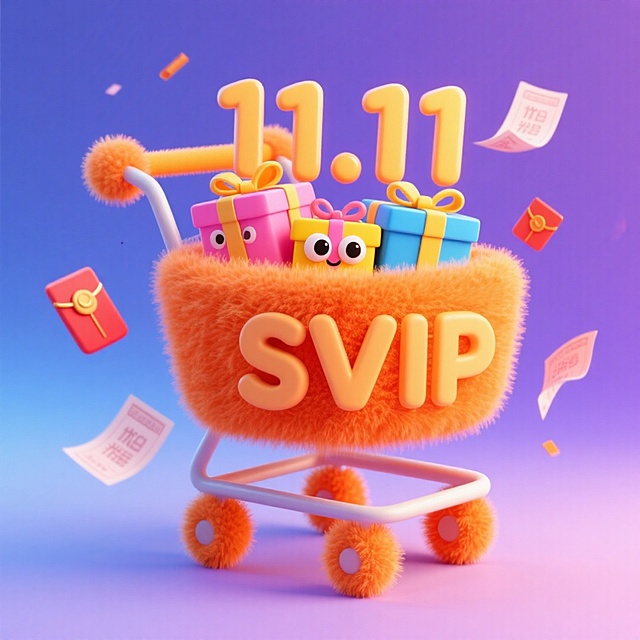 软3D风格购物车，毛绒质感搭配卡通礼物盒，萌趣十足，营造11.11双11狂欢促销氛围，满载喜庆与趣味感。