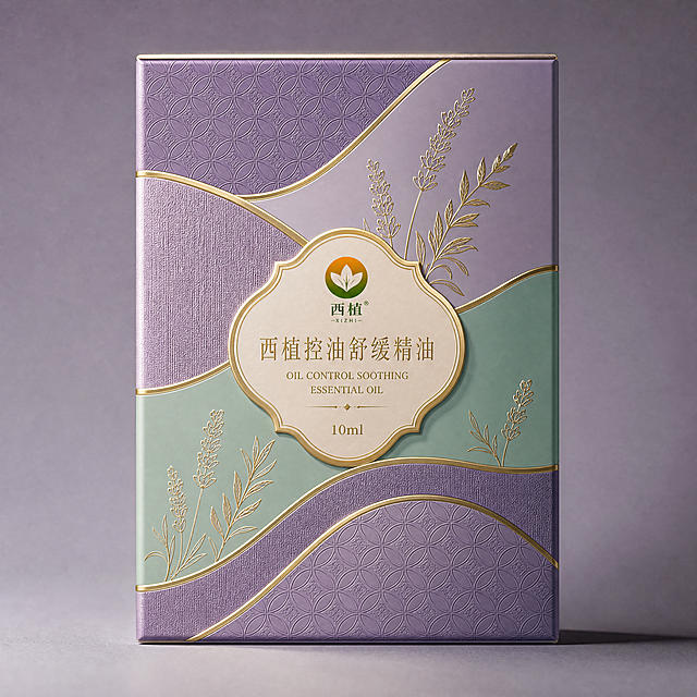 高端精油包装盒立体效果图，东方雅致风格，流动山水曲线分层设计。主色调为薰衣草紫、薄荷青绿、灰紫、米金色的渐变层次。盒面有多条流畅的波浪曲线分割，每个曲线区块有不同肌理纹理：铜钱纹暗纹压花、细腻布纹、素面，曲线边缘全部烫金描边。曲线空白处点缀金色线描的薰衣草花穗和茶树叶片图案。盒面中央是花窗形状的徽章式标签，米白底烫金边，标签内顶部是橙绿圆形品牌Logo，中间"西植控油舒缓精油"烫金优雅字体，下方OIL CONTROL SOOTHING ESSENTIAL OIL和10ml。天地盖盒型，柔和灰紫色背景，侧光，高级质感，正面视角，东方奢华风格