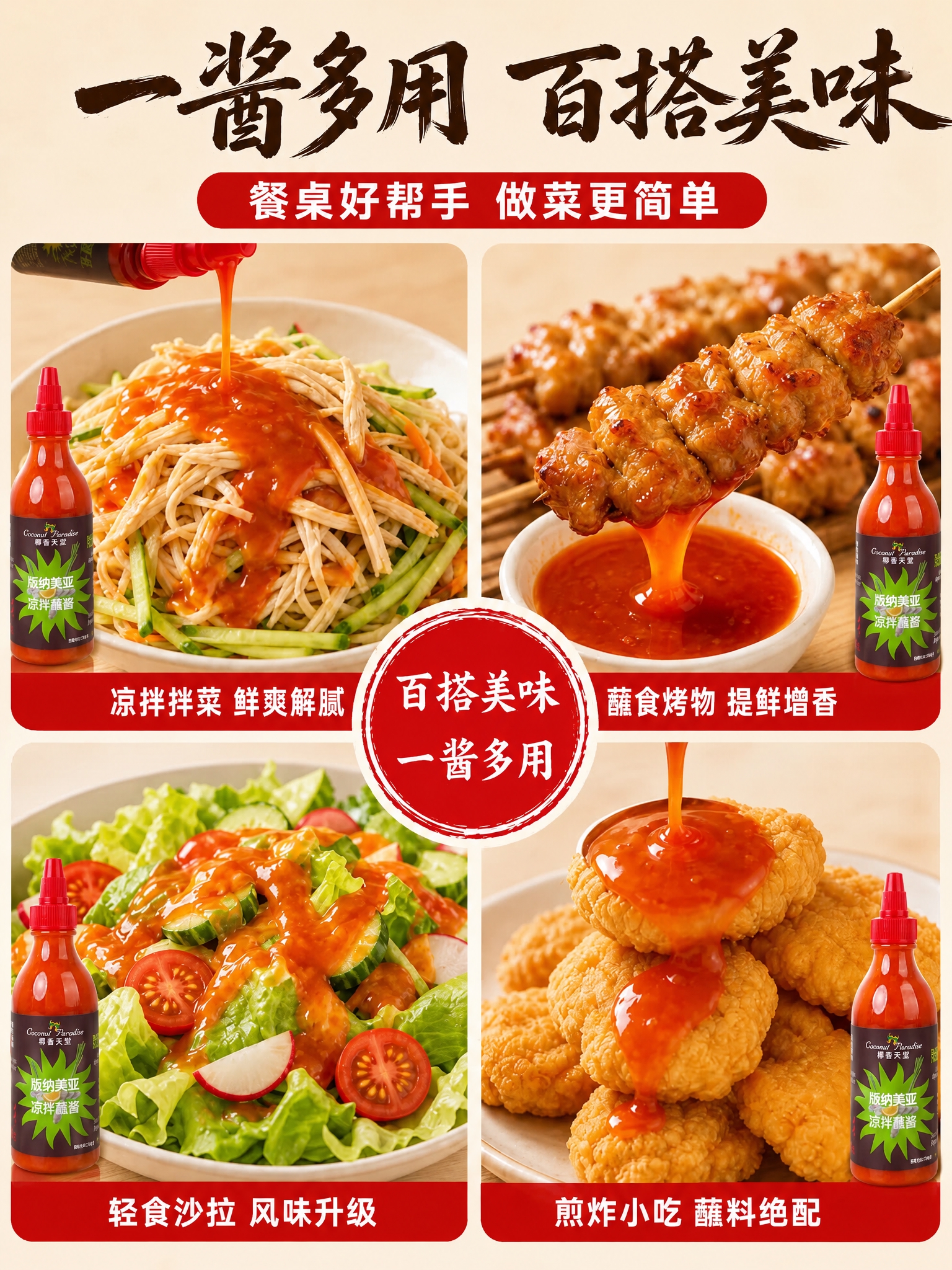 将图中所有的酱料瓶产品主体替换为参考的正面白底酱料瓶，保持原瓶… - 图片创意预览