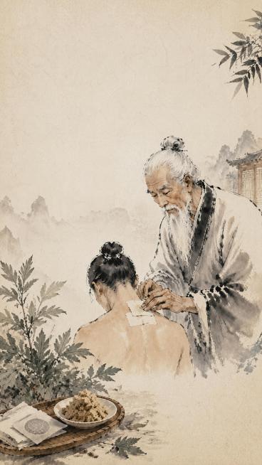 纯场景图，无任何文字，中式水墨风格，白发长须老中医正在定位顾客背部穴位准备贴三伏贴，整体背景为浅米色宣纸纹理，点缀水墨艾草枝叶，保持古朴素雅的水墨老中医风格，画面比例9:16预览效果