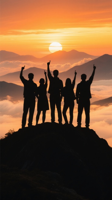 团队成员的黑色剪影站在山顶，他们高举手臂做出胜利手势，背景是壮丽的日落景象，天空呈现出从橙色到黄色的渐变色彩，远处的云层被染成温暖的色调，山峰在夕阳下形成层层叠叠的剪影效果，整体画面充满了成就感和团队合作的氛围。预览效果