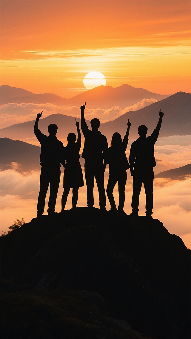 团队成员的黑色剪影站在山顶，他们高举手臂做出胜利手势，背景是壮丽的日落景象，天空呈现出从橙色到黄色的渐变色彩，远处的云层被染成温暖的色调，山峰在夕阳下形成层层叠叠的剪影效果，整体画面充满了成就感和团队合作的氛围。
