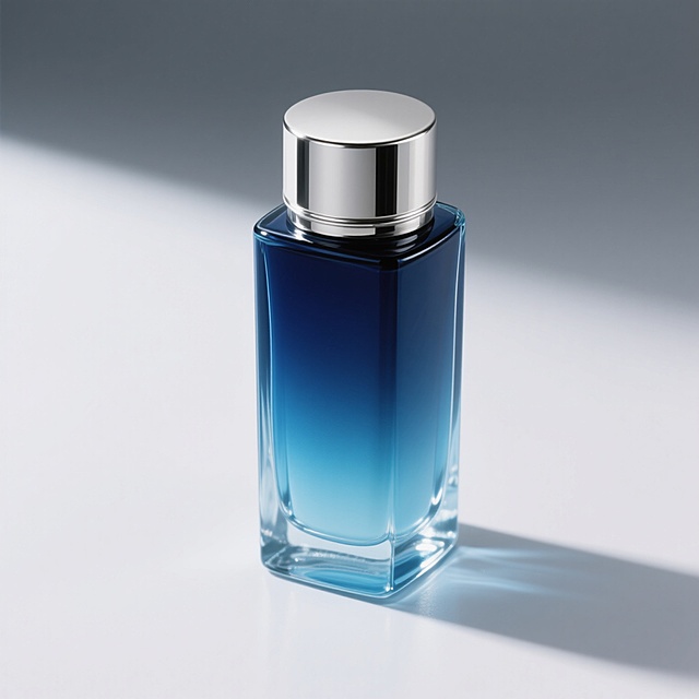 一张高度写实的产品图，主体为一个圆柱形或长方形的透明玻璃容器，容器内装有从顶部深蓝色渐变至底部浅蓝色的液体，液体清澈透明，具有细腻的光泽感。容器顶部配有一个银色的金属瓶盖，瓶盖表面光滑，有轻微的反光效果。整个产品置于纯白色背景上，光线从左上方45度角照射，在容器右侧投射出柔和的阴影，增强立体感。产品边缘锐利清晰，细节丰富，具有高端化妆品的精致质感和专业摄影的商业广告风格。