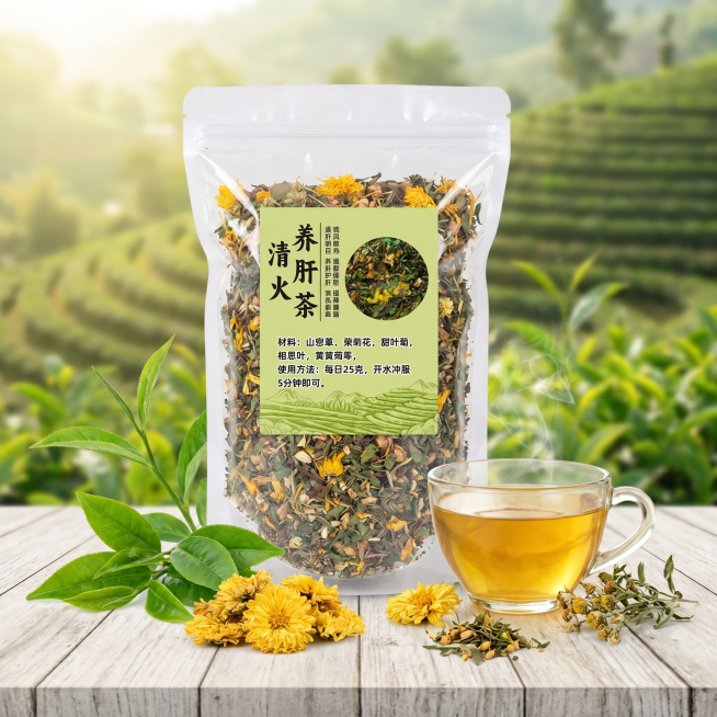 抖音小店电商主图，图片内容是袋装清火养肝茶，商品清晰突出，风格清新自然，健康养生主题，背景干净吸引人，1:1正方形构图预览效果