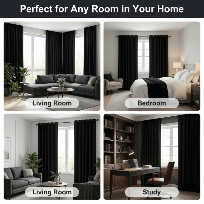 Show the pure black curtains applied in different home spaces: living room, bedroom, study. Three sm预览效果