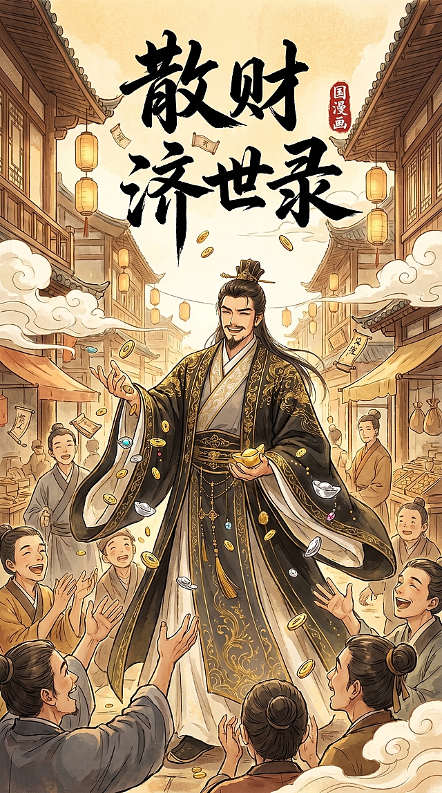 基于提供的古装男子形象，生成古风漫剧《散财济世录》的9:16竖版封面，背景不要纯白色，增加古风氛围感互动场景，封面顶部添加剧名“散财济世录”，国风漫画风格