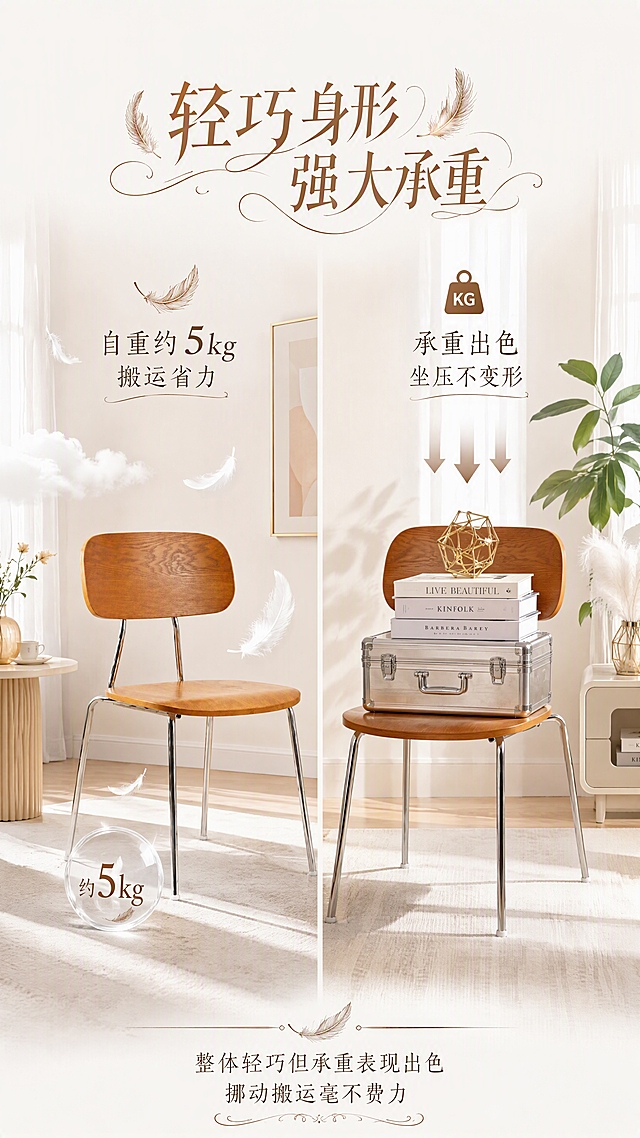 [第6张] 详情页第六张-整体轻巧但承重出色自重轻便搬运省力页。本张使用【图1】作为商品主体，保持椅子结构、比例、颜色、材质与原图完全一致，不改变产品比例尺寸。
[氛围/风格] 轻松便捷生活风，高级简约感，商业摄影质感，无人物。
[元素布局] 画面左右分栏，左侧展示椅子轻巧特性：椅子旁有羽毛/云朵元素体现轻盈，配重量标识「约5kg」；右侧展示椅子承重特性：椅子上放置重物示意（如精致金属箱、堆叠的书籍摆件），配承重箭头示意；背景为明亮的轻奢家居空间，包含简约边几、艺术挂画、轻盈窗帘、绿植、羽毛装饰等至少4种元素；整体体现轻巧与承重兼具的特点。
[光影质感] 顶部柔和自然光，整体明亮通透，椅子金属腿有自然高光，投影轻盈自然，氛围轻松愉悦。
[配色色系] 全局底色奶白色#FAF8F5，主色暖棕木色+亮银色金属，辅助色浅粉、米金、淡蓝。
[视角构图] 平视视角，左右对比构图，阅读动线顶部标题 → 左右分栏展示 → 底部总结。
[文字版式] 顶部居中艺术字主标题「轻巧身形 强大承重」，字体为带羽毛装饰的艺术字，有轻盈飘逸花样；左侧栏标题「自重约5kg 搬运省力」配羽毛图标，右侧栏标题「承重出色 坐压不变形」配砝码图标；底部说明文字「整体轻巧但承重表现出色 挪动搬运毫不费力」；所有文字为精致艺术字体带设计花样，不遮挡椅子主体。
[比例分辨率] 9:16竖版比例，4K分辨率，文字清晰可辨，高清画质。
[负向提示词] 椅子变形，比例失调，缺件错件，颜色偏差，人物出现，水印，文字错乱，文字过小，产品模糊，背景杂乱，内部结构展示。