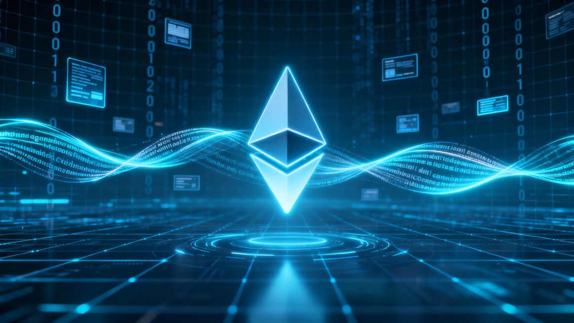 Ethereum futuristic background, glowing ETH symbol made of light, blue and cyan color scheme, smart预览效果