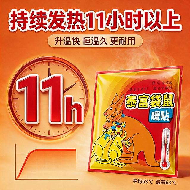 [主图-2] 核心卖点 持续发热11小时以上 长效保温
[统一基调] 拼多多风格 大字直白 暖橙红色系为主 高性价比感 促销氛围浓厚 粗黑醒目标题字体 白色描边 辅助文字用深灰色 强调色用亮红色 圆角信息卡片 整体热闹喜庆
[画面] 产品位于画面右侧 占比约40% 左侧为大号数字11h 周围环绕时钟表盘元素 表示持续发热时长 下方有温度曲线从低到高再平稳的示意图 展示升温快 恒温久的特点 背景为暖橙色渐变 有热气升腾的视觉效果 产品旁边有温度计图标显示53℃
[光影质感] 商业摄影质感 暖光氛围 产品光影自然 数字和图标有立体感 整体通透明亮
[配色] 背景暖橙渐变 数字11h用大红色加粗白边 温度曲线用橙红色 辅助文字深棕色
[文字版式] 顶部大标题 持续发热11小时以上 副标题 升温快 恒温久 更耐用 左侧超大数字11h 右侧产品展示 底部小字 平均53℃ 最高63℃
[输出要求] 1:1比例 2048x2048 文字清晰 数据醒目 产品真实 禁止变形 错字 模糊 水印