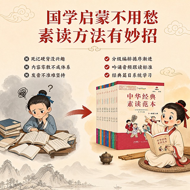 [主图-2] 痛点与学习目标 国学启蒙难怎么办
[统一基调] 国风雅致风格 米白与朱红为主色调 标题用朱红色宋体粗体 辅助文字用深褐色 点缀祥云纹样 书卷气息 专业可信
[画面] 画面左侧为痛点场景 一个小学生面对散乱的古文课本皱眉困惑 右侧为解决方案 中华经典素读范本整齐摆放 旁边有一个孩子开心地指着书本朗读 中间用箭头连接 表示从困惑到轻松的转变 背景为浅米色 底部有淡淡的水墨山水装饰
[光影质感] 商业摄影质感 柔和自然光 人物和书籍都有自然阴影 场景温馨明亮
[配色] 主背景米白色 痛点区域偏冷灰色调 解决方案区域暖色调 标题朱红色 文字深褐色
[文字版式] 画面顶部大标题"国学启蒙不用愁 素读方法有妙招" 左侧痛点区文字"死记硬背没兴趣""内容零散不成体系""发音不准难坚持" 右侧解决方案区文字"分级编排循序渐进""吟诵音频跟读标准""经典篇目系统学习" 文字放在空白区域 不遮挡人物和书籍主体
[输出要求] 1:1比例 2048*2048像素 文字清晰可读 书籍外观与输入图一致 人物形象可爱卡通国风风格 无变形 无错字 无水印 无平台Logo