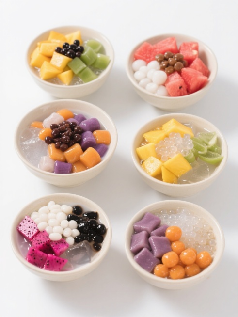 六碗不同样式的冰粉整齐排列在纯白色背景上，每碗冰粉呈现出晶莹剔透的半透明质感，表面覆盖着不同的丰富配料。第一碗顶部铺满切块的新鲜芒果和绿色椰果，点缀着黑色蜜豆；第二碗以红色西瓜块为主，搭配白色椰果和棕色珍珠；第三碗有紫色和橙色的芋圆，混合黑色蜜豆；第四碗装有黄色芒果块、透明西米和绿色椰果；第五碗是粉色火龙果块与白色椰果、黑色蜜豆的组合；第六碗则以紫色芋圆、橙色小丸子和透明西米为特色。所有冰粉碗……预览效果