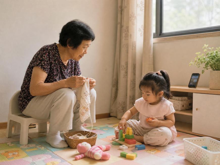 儿童房爬爬垫上，小女孩独自玩益智玩具，奶奶坐在旁边小椅子上做手工，旁边矮柜上放着手机（屏幕做模糊处理），自然光充足，氛围安静松弛，没有 “上课学习” 的紧绷感，真实日常感，无品牌露出预览效果