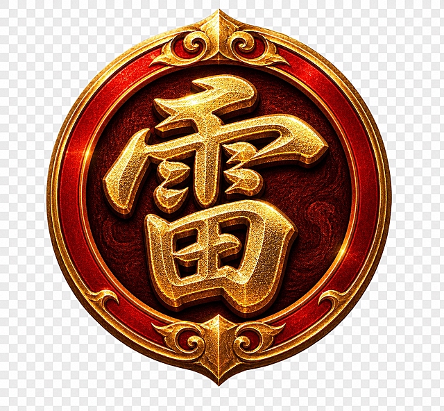 增强图片中"雷"字的凹凸立体感和浮雕效果，使文字具有明显的凸起浮雕质感，边缘有清晰的阴影和高光对比，字体表面有金属纹理凹凸感，整体呈现强烈的3D立体浮雕效果，保持原有的金色配色、红色圆形边框和背景风格不变，透明背景