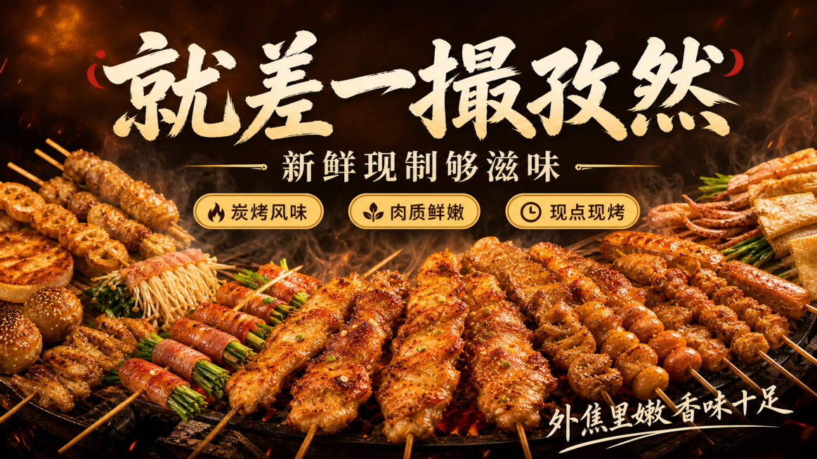 结合图一的炭烤鸡肉串美食海报风格和文案，生成一张692x390横版烧烤门店店招，融入图二表格里多种烧烤菜品的展示，保持暖棕色炭烤美食氛围，保留主文案就差一撮孜然、新鲜现制够滋味，外焦里嫩香味十足预览效果