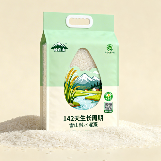大米产品包装设计，用长白山山脉图标作为产地标识，插画风格展示142天生长周期、雪山融水灌溉的产品优势，包含绿色有机认证标识、扫码即看标识，包装袋设计大米形状的透明小开窗，整体风格清新自然，突出有机天然预览效果
