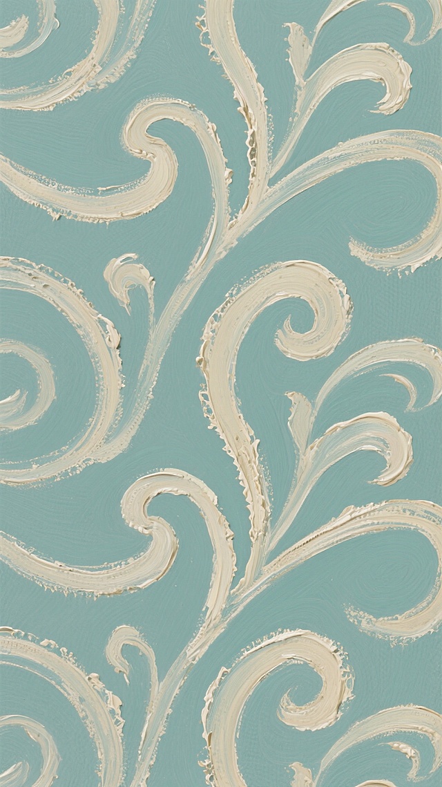 一幅具有浓厚油画质感的装饰图案，画面以单一的纯色背景为基底，背景色彩均匀饱满，呈现出油画颜料特有的厚重与细腻肌理。主体是由流畅、连续的曲线构成的简约花纹，这些曲线如同柔和的波浪与旋涡，相互交织缠绕，形成有规律且富有韵律感的重复图案。线条采用油画笔触绘制，边缘带有自然的颜料堆积感和轻微的毛边，线条内部可略带微妙的色彩渐变或同色系的笔触纹理变化，整体风格统一、和谐，兼具装饰性与艺术性，给人一种简约而不失精致的视觉感受。