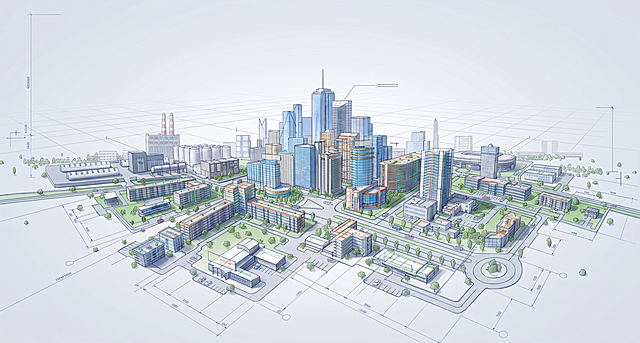 将该实景三维城市模型转换为BIM三维模型图，保留城市整体布局和建筑轮廓，呈现专业BIM模型的数字化可视化效果，清晰展示建筑结构信息