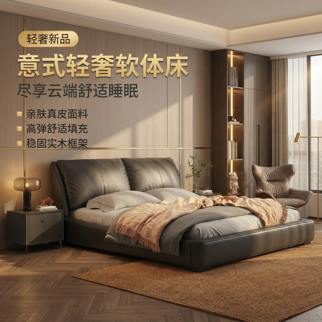 保留图中所有文字内容、位置、样式完全不变，更换卧室场景为现代轻奢大平层卧室，背景为浅咖色木饰面背景墙搭配金属收口条，地面为鱼骨拼胡桃木地板，搭配焦糖色编织地毯，侧边为嵌入式灯带的深色衣柜，窗边放置艺术预览效果