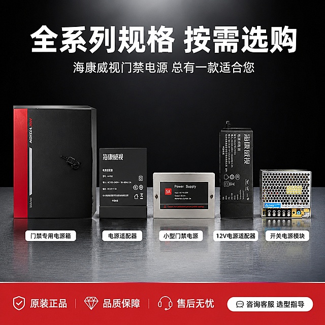 [主图-5] 海康威视门禁电源全系列规格型号展示图 全家福。
[氛围风格] 高端科技风 产品矩阵展示 黑银配色 专业选型指南。
[画质] 商业摄影质感 产品排列整齐 每款清晰 光线均匀 金属质感强烈。
[元素] 画面展示海康威视门禁电源全系列产品全家福，包括大型门禁电源箱、电源适配器、开关电源、小体积电源模块等共五款产品，以Knolling方式整齐排列在深灰色金属质感台面上，产品之间间距均匀，呈对称式排布。台面有细腻的拉丝纹理和产品微弱倒影。背景为深黑色渐变，顶部有银灰色聚光灯光效。每款产品下方对应有规格标签。**保持每款产品外观（物理结构、材质质感、颜色、标识文字）与输入产品图完全一致，杜绝任何变形和色差，产品比例准确**。
[光影] 顶部均匀柔光箱照明，每款产品顶部都有清晰高光；两侧轮廓光勾勒产品边缘；整体光线均匀柔和，产品立体感强，金属和塑料材质区分明显；倒影清晰但不过度。
[配色] 主色深黑（背景）；辅色金属银（台面与高光）；强调色海康红（品牌标识与重点标签）。
[视角构图] 正俯视45度角（Knolling视角），产品整齐排列在画面中下部；上部为标题和说明区；整体构图对称稳重，体现产品系列的完整性和专业性。
[文字版式] 画面顶部大标题"全系列规格 按需选购"白色粗黑体超大号。标题下方一行小字"海康威视门禁电源 总有一款适合您"银灰色中号。每款产品下方有白色圆角矩形标签，标签内黑色字标注型号类型："门禁专用电源箱"、"12V电源适配器"、"开关电源模块"、"小型门禁电源"等。画面底部通栏红色条，白色字"原装正品 品质保障 售后无忧"，右侧有"咨询客服 选型指导"白色按钮样式。
[输出要求] 1:1比例，文字清晰锐利，超高清商业摄影质感。
[负向提示词] 变形，文字错乱，产品模糊，背景杂乱，水印，电商平台Logo，产品比例失调，排列混乱。