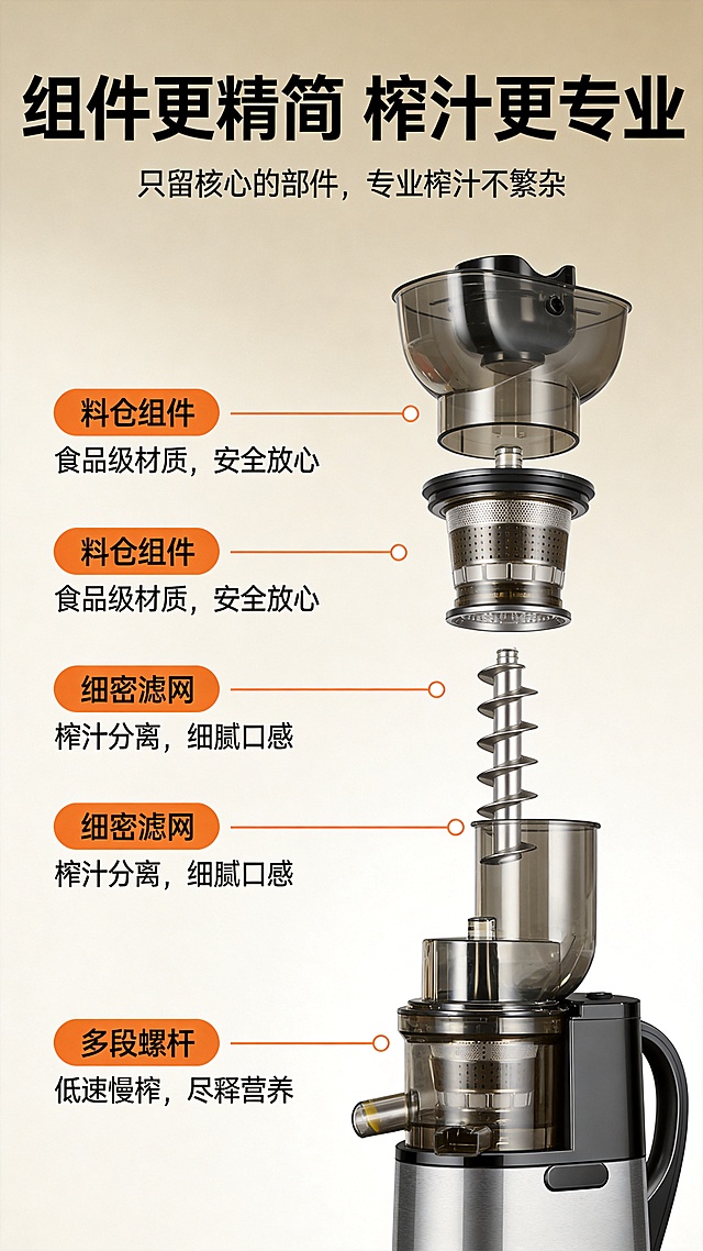 银黑不锈钢原汁机产品拆解说明图，竖向爆炸式拆解结构，从上到下依次展示料仓组件、细密滤网、多段螺杆、出汁/出渣组件，部件之间留有间隙。浅米色纯色渐变背景，干净无杂物，高端商业产品摄影，写实质感，柔和均匀的光影，还原不锈钢拉丝、塑料透明件的材质细节。画面顶部居中黑色粗体主标题“组件更精简 榨汁更专业”，下方黑色小字副标题“只留核心的部件，专业榨汁不繁杂”。左侧橙色圆角矩形框标注部件名称，带白色圆点引线指向对应组件，标注文字分别为“料仓组件 食品级材质，安全放心”“细密滤网 榨汁分离，细腻口感”“多段螺杆 低速慢榨，尽释营养”。竖版9:16比例，整体配色干净高级，对比清晰，突出产品核心部件优势，8K高清细节，只生成一张。
