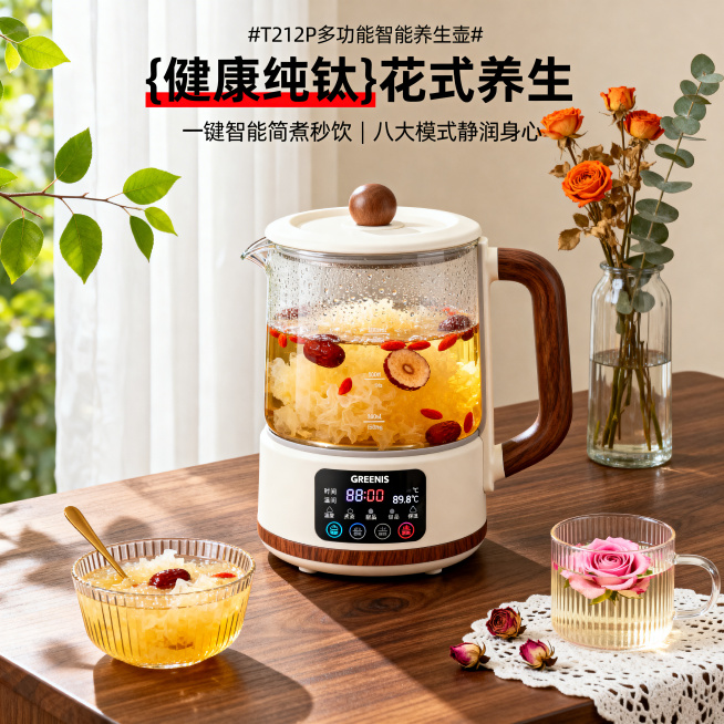 商业产品摄影，治愈系原木风居家场景，暖调柔和自然光，温馨松弛，8K 超高清，极致细节，商业级质感，平视 + 15° 轻微俯拍的黄金拍摄角度，养生壶位于画面绝对视觉中心，1:1 还原所有物品的形状、摆放预览效果