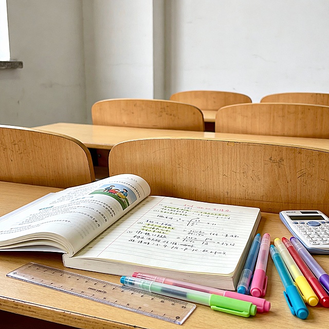 "一本打开的中学课本和笔记，周围散落着彩色笔、直尺和计算器，背景是明亮的教室或现代学习空间，风格清新自然，光线柔和温馨，适合教育类公众号封面使用。"