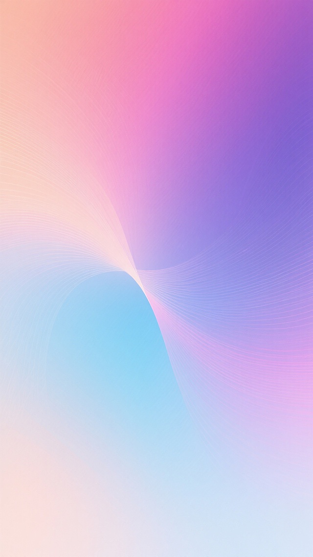 一张具有高度统一渐变风格的背景图，整体呈现从左上角的淡粉色、淡橙色过渡到右上角的深粉色、紫色，再到下方的淡蓝色、浅蓝色的柔和色彩渐变，色彩和谐自然，光影过渡平滑，无明显光源和阴影对比，质感细腻，具有数字艺术的平滑过渡效果，构图为简约的垂直渐变布局，在保持原有色彩渐变趋势和柔和氛围的基础上，加入炫彩的纹路设计，纹路应与整体渐变色彩融合，保持画面的宁静、柔和与梦幻氛围，整体视觉效果简洁、现代，色彩丰富且协调。