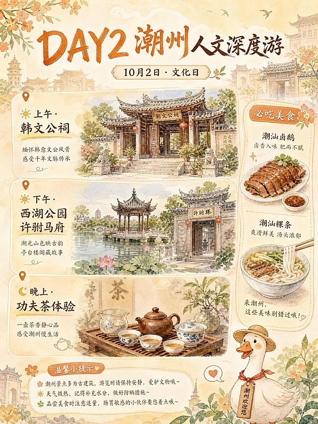 潮汕旅游DAY2行程单页插画，水彩手绘风格，莫兰迪橙黄色调，治愈系画风，竖版构图。顶部大标题"DAY2 潮州人文深度游"，副标题"10月2日 · 文化日"。画面分为四个板块：上午板块画韩文公祠古建筑插画，配文字"上午·韩文公祠"；下午板块画西湖公园湖景亭台插画，配文字"下午·西湖公园 许驸马府"；晚上板块画功夫茶具插画，配文字"晚上·功夫茶体验"；侧边有"必吃美食"区域画卤鹅和粿条小图。底部有温馨小提示和可爱的狮头鹅吉祥物。背景装饰潮汕古建剪影、花朵、云朵、绿植。整体水彩晕染肌理，光影柔和，唯美清新，所有文字为简体中文。