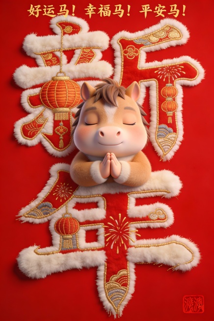 红色背景，“新年”苍劲有力的行书风格，真实笔触质感，效果丰富，字体笔画包含新年的图案，绒毛镶边与金线绣花相结合色彩结合完美填充，极繁主义 ，颜色鲜艳，3D效果，纵向排列，右下角有个极小的红色印章“溏溏预览效果