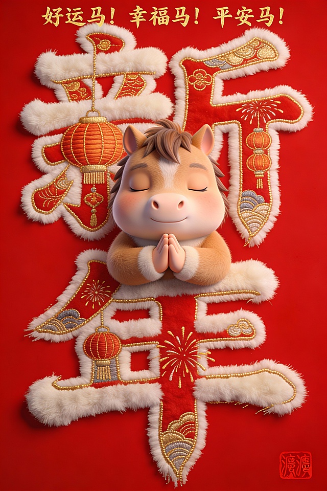 3D卡通马拟人化设计，融合刺绣风与毛发生长质感，国潮元素点缀“新年”浮雕字，喜庆祥和，传递春节祝福。