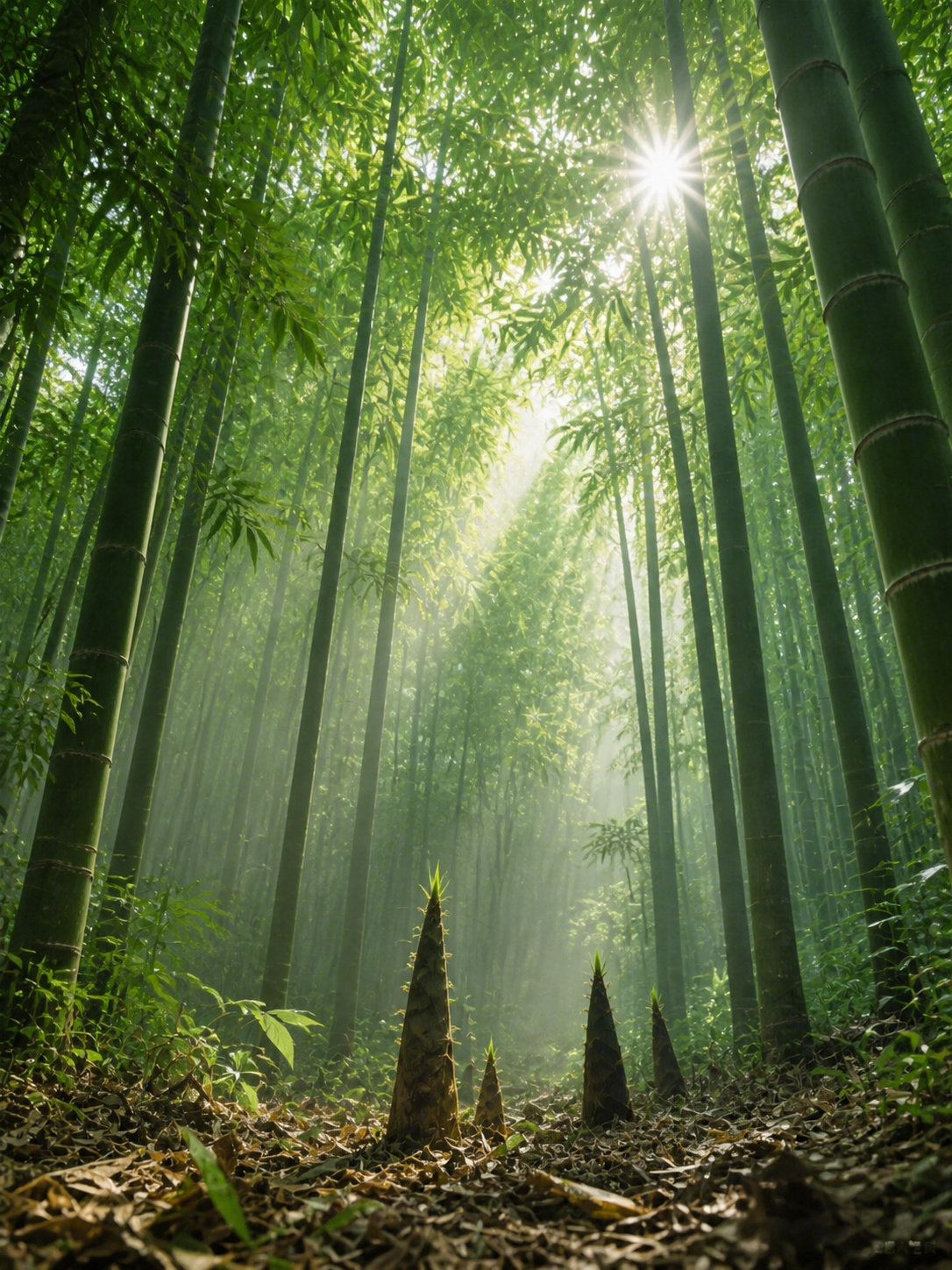 参考图片的竹林光影风格，重新生成全新的竹林场景画面。低角度仰拍… - 图片创意预览