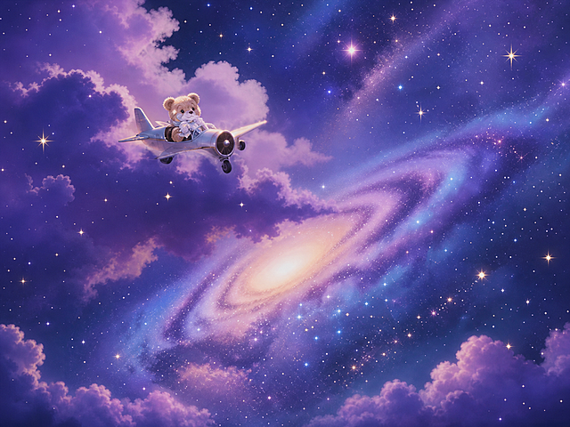 去掉图片中的水印，保持画面中小熊、星空、飞机和云朵的内容不变形，将图片尺寸宽高比修改为4:3，保持原有画风和画质