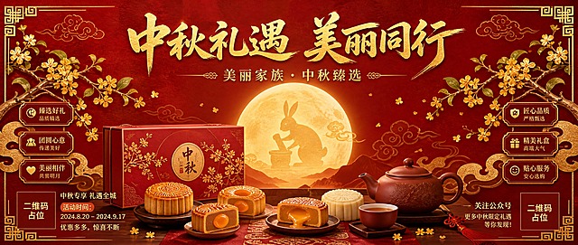 微信公众号首图，中秋节主题，国风新中式工笔风格。画面比例2.35:1横版。朱砂红底色搭配烫金线条装饰。画面中央一轮硕大的金色满月，月光柔和洒下，月中隐约可见玉兔捣药的剪影。月亮两侧对称分布着精美的金色祥云纹样和桂花枝桠，桂花点点飘落。画面下方摆放着精致的中秋月饼礼盒，莲蓉蛋黄月饼、流心月饼错落有致，旁边有紫砂茶壶和茶杯，营造团圆品茶氛围。画面上方居中大标题"中秋礼遇 美丽同行"，金色书法字体，气势磅礴。标题下方小字"美丽家族 · 中秋臻选"。画面四角装饰传统回纹和云纹边框，整体雍容华贵，节日氛围浓厚。版式精美，左右对称构图，留白得当。画面中所有信息区域必须填充完整合理的内容，不得出现空白框或待填写区域。画面中所有二维码区域使用纯色方块占位符呈现，方块中央标注"二维码占位"文字，严禁生成任何可识别的二维码图案。
