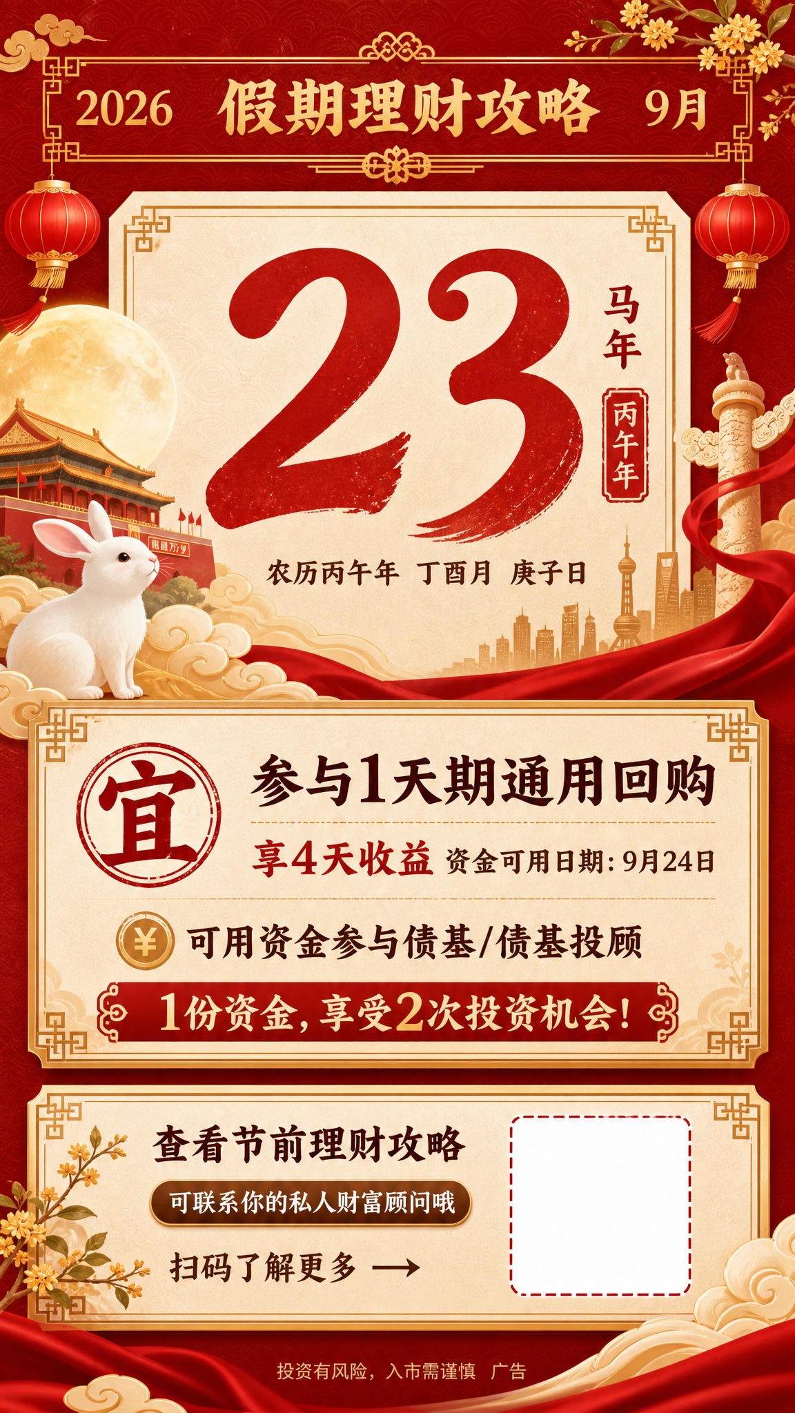 一张竖版国庆中秋双节主题的假期理财攻略海报，新中式日历风格，红… - 图片创意预览