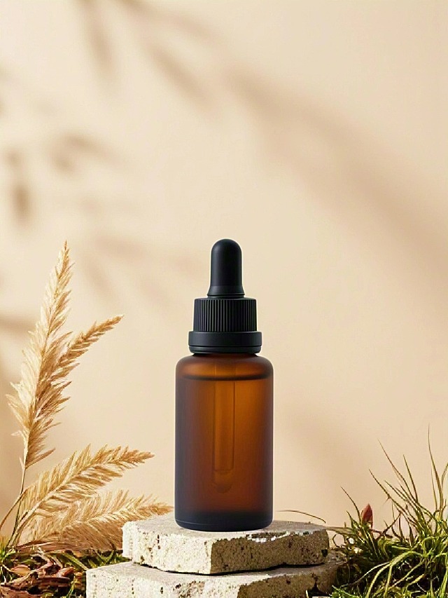 把产品放在堆叠的鹅卵石上，用浅米色背景，后面点缀干枯草。