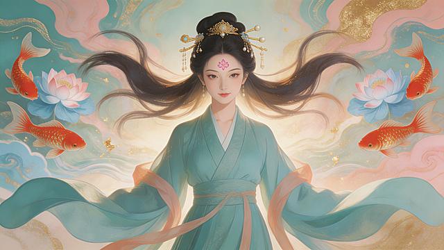 梦幻唯美的中式古典插画，工笔与水彩交融，鎏金浮雕点缀，莲鱼环绕，尽显东方仙韵。