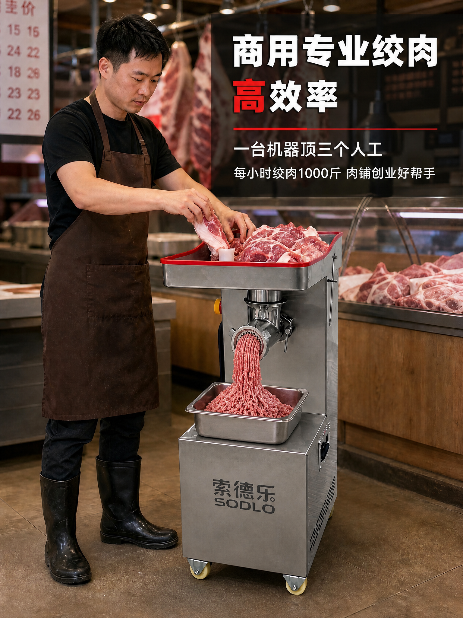 修改这张肉铺场景图：将地上的方形不锈钢接肉盆移到机器中间的平台… - 图片创意预览