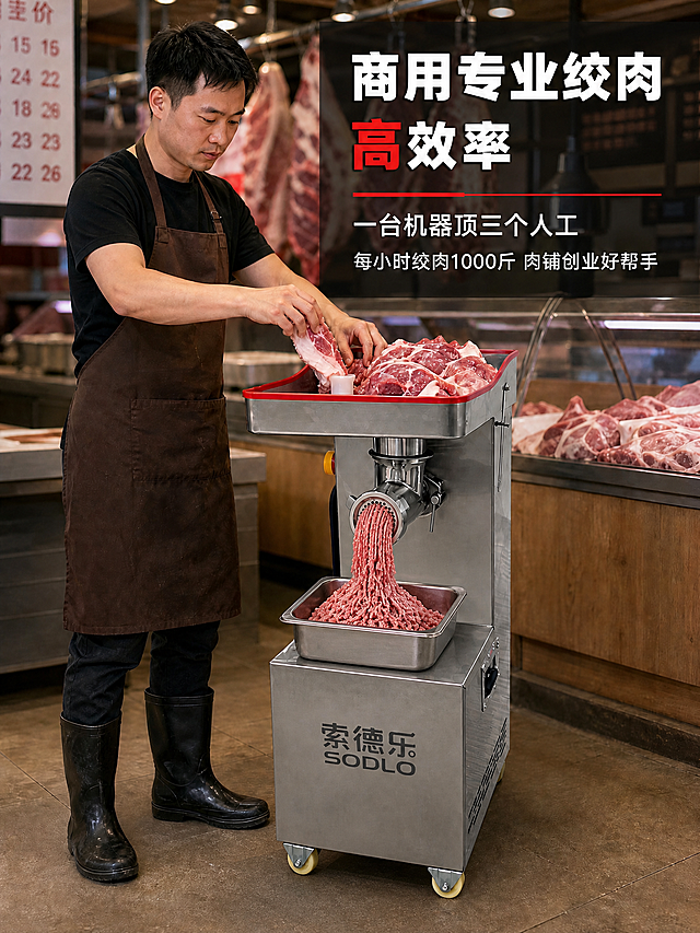 修改这张肉铺场景图：将地上的方形不锈钢接肉盆移到机器中间的平台上（绞肉机头正下方的那个不锈钢平台上），盆子正好放在机头出料口下方接住绞出来的肉馅，肉馅从机头出来直接落入盆中。去掉机器中间平台上堆积的肉馅，肉馅全部落入盆中。地上的盆子移除。保留人物、背景、文字、机器整体、进料斗里的肉全部不变。整体自然协调，盆子大小比例合适，放在机器中间平台上稳定自然。