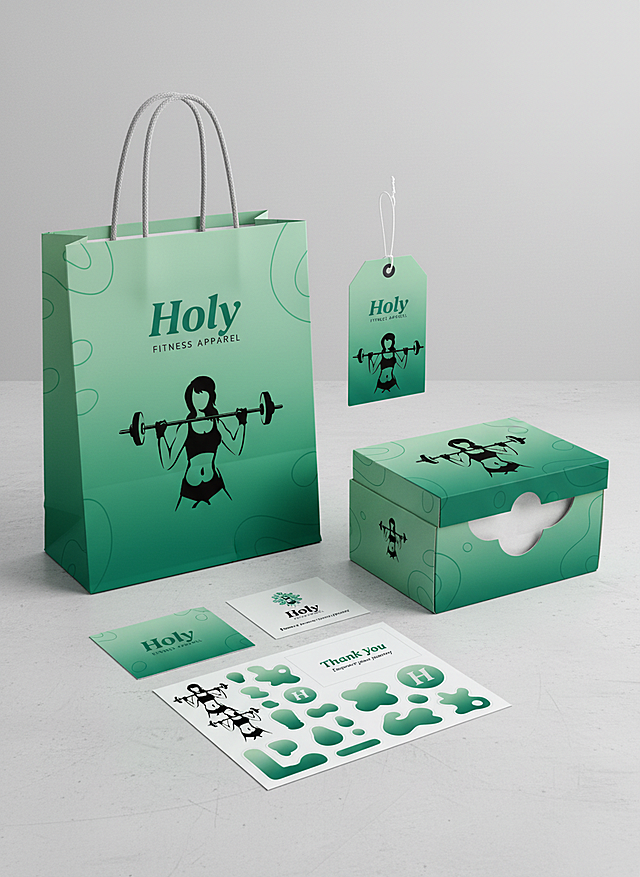 参考这个LOGO，做一套健身女装品牌视觉设计，品牌名称为“Holy"，包括包装袋， 吊牌，纸盒，感谢卡，贴纸等。绿色渐变，清新，艺术感强。