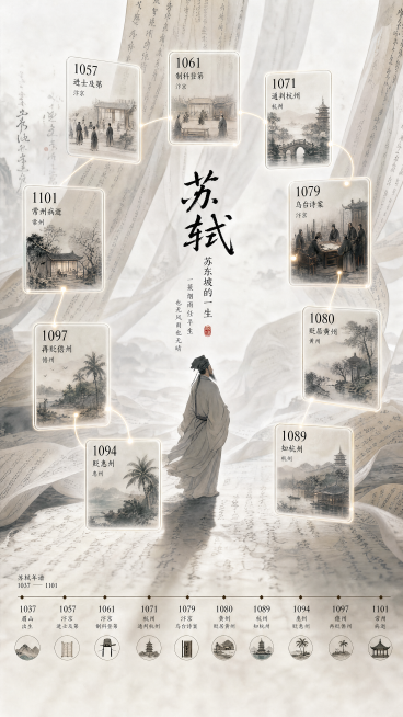 一张高级中国历史人物知识图解海报，主题为苏轼苏东坡的一生。环绕多个半透明玻璃质感时间线卡片，每张卡片包含年份、地点、人生事件和小幅场景插画，例如 1057 进士及第，1061 制科登第，1071 通判预览效果