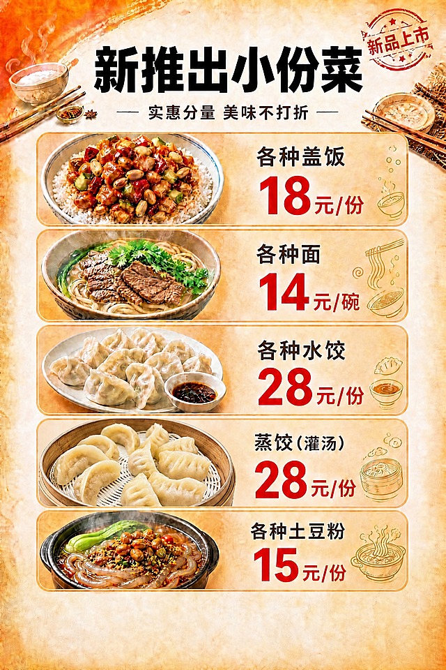 将海报中第4道「蒸饺(灌汤)」菜品的图片替换为新上传的蒸饺图片（竹蒸笼里的月牙形蒸饺，放在白色蒸垫上）。保持蒸饺卡片的位置、大小、圆角边框、右侧文字「蒸饺(灌汤) 28元/份」完全不变，只替换卡片左侧的蒸饺图片，新图片要适配卡片尺寸，与整体海报的暖橙国潮风格协调自然，去除原图中的桌面、餐具等多余背景元素。

其他所有内容保持不变：
- 顶部标题区「新推出小份菜」「实惠分量 美味不打折」「新品上市」印章
- 其他4道菜品（盖饭、面、水饺、土豆粉）的图片和价格全部不变
- 暖黄宣纸纹理背景、整体版式和风格

画面中所有数字必须精确渲染，不得错位、遗漏或编造。