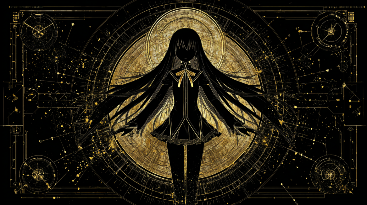 Cool anime silhouette of Akemi Homura, black body, black face, straight black hair wrapped in golden预览效果