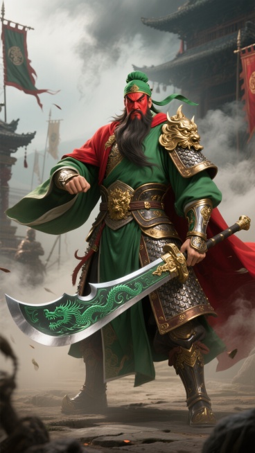 国风写实数字绘画风格的关羽形象，红脸，长髯，头戴绿巾，身穿绿袍，外披红披风，身披带有金色装饰的金属质感铠甲，手持青龙偃月刀，刀身有花纹，刀柄有装饰，背景有旗帜、烟雾和古旧场景氛围，整体呈现史诗感与庄重预览效果