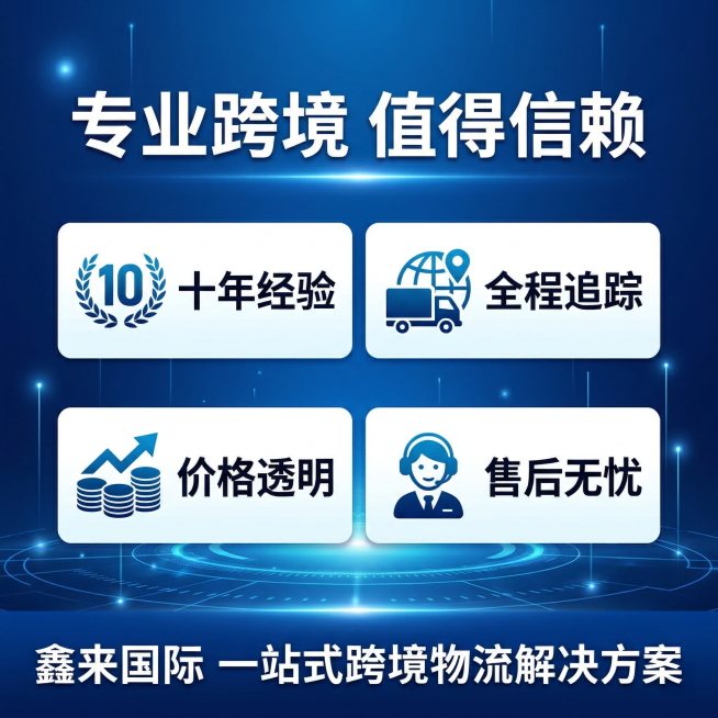 鑫来国际物流服务保障信任主图 科技蓝色渐变光效背景 上方大标题"专业跨境 值得信赖" 四个核心优势用带图标的卡片排列 分别是"十年经验" "全程追踪" "价格透明" "售后无忧" 底部放置品牌 slo预览效果