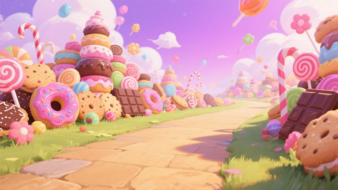 卡通插画风格游戏场景，前景土黄色糖果路面延伸，后方满是甜甜圈、糖果、饼干、巧克力与棒棒糖堆叠成背景，围绕着地面，天空下飘着粘花糖质感的白云，整体色彩鲜艳、干净整洁，色调清新明朗，严格按照参考图的粉紫色预览效果
