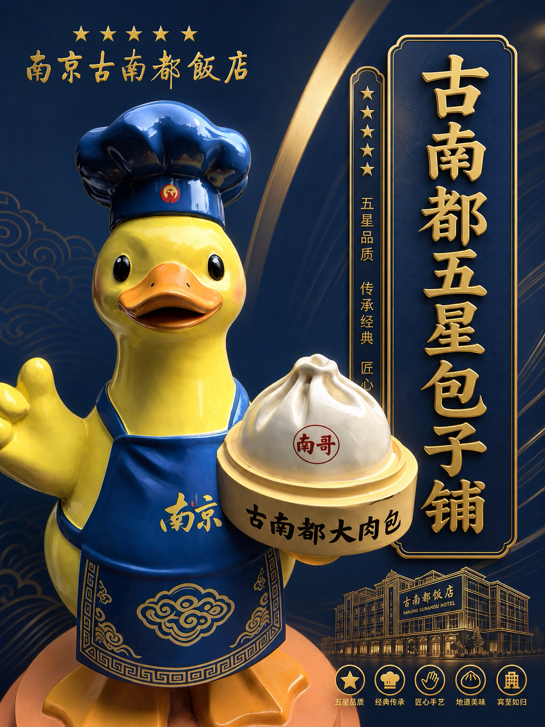 在图片右侧空白区域添加竖排或横排的"古南都五星包子铺"大字标题… - 图片创意预览