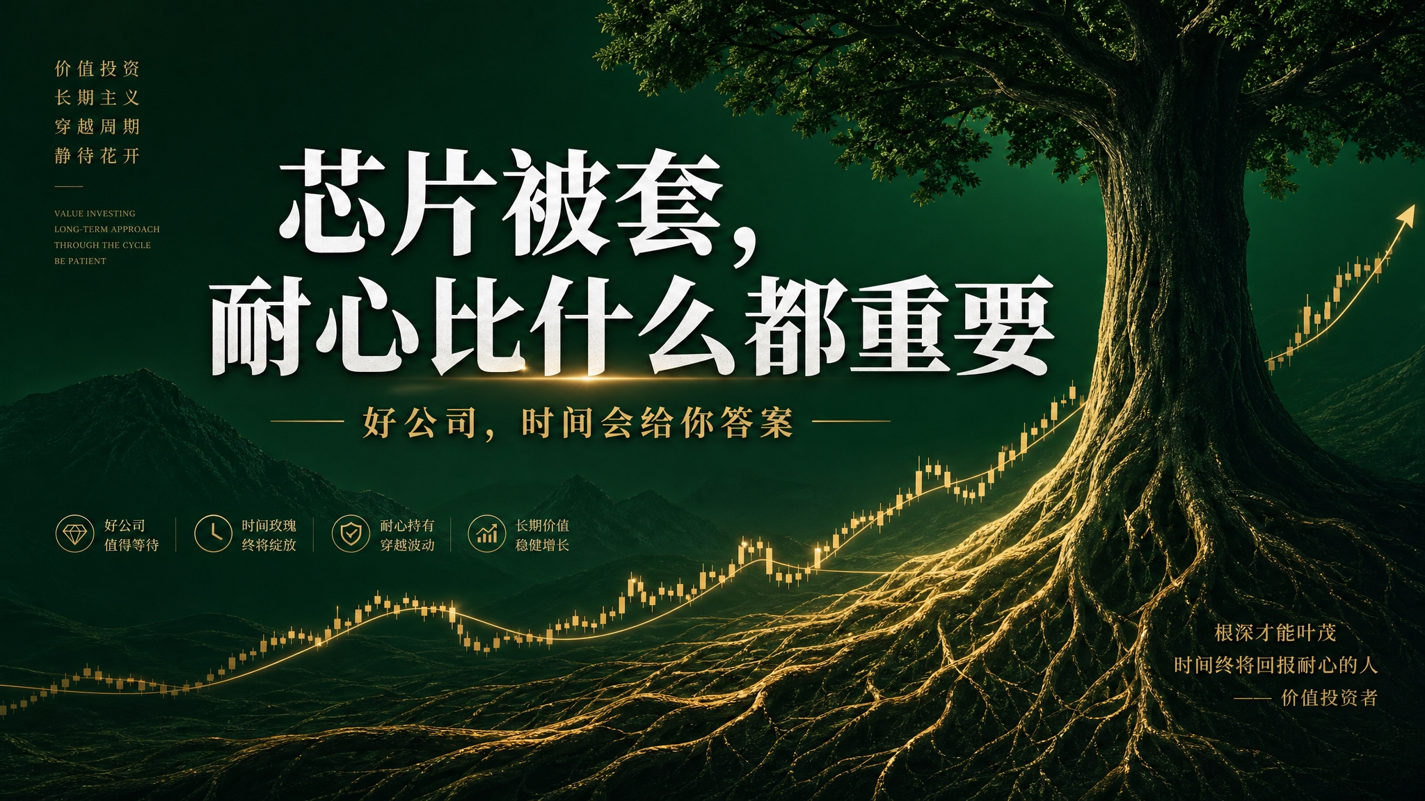 16:9横版股市财经海报，高级墨绿色渐变背景，带有金色的参天大… - 图片创意预览