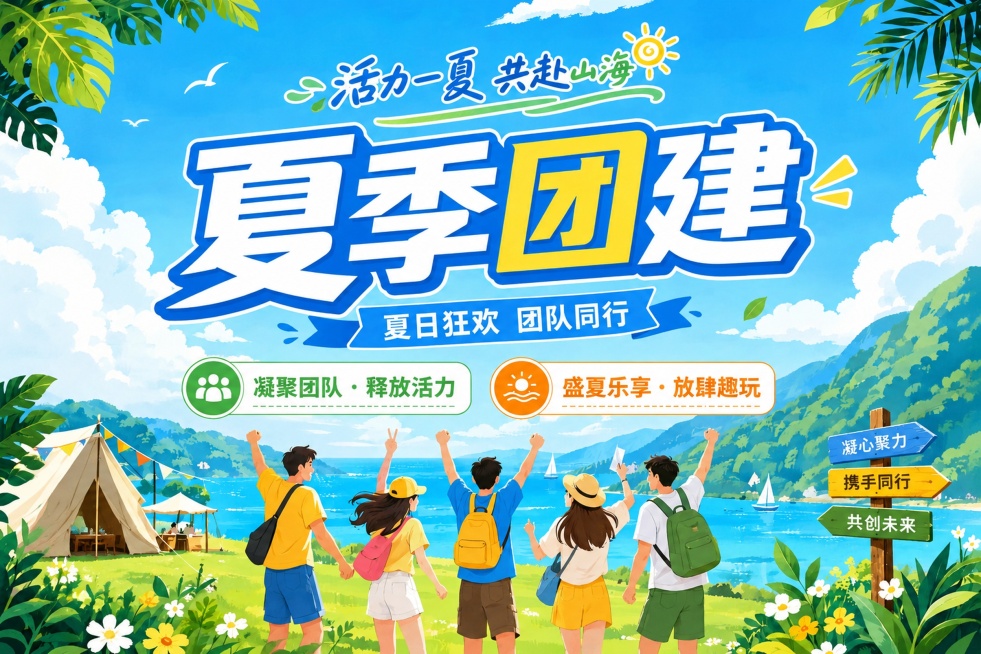 移除图片左下角蓝色二维码占位区域，保持整体画面风格一致，将图片比例调整为3:2，确保'夏季团建'等文字和人物场景完整保留预览效果
