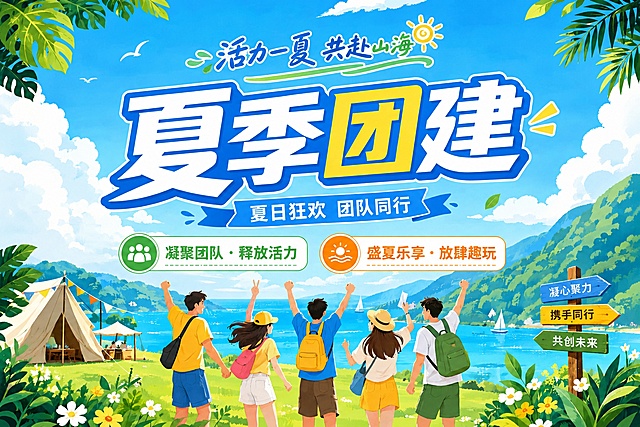 移除图片左下角蓝色二维码占位区域，保持整体画面风格一致，将图片比例调整为3:2，确保'夏季团建'等文字和人物场景完整保留