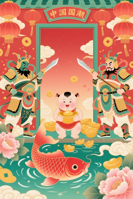 国潮风格年画，画面中描绘新兴向荣的富足情景，有胖娃娃怀抱金色元宝，大红色鲤鱼跃出水面，两侧门神威武站立，身着传统服饰，手持兵器，背景有祥云、牡丹、灯笼等吉祥元素，色彩以中国传统高级红、绿为主，搭配金色预览效果